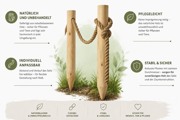 TIMBERMIK Dřevěný Plot 6× Dřevěný Kůl Ø8×120 cm + 12 m Jutového Lana Neimpregnovaný Staketový Plot Zahradní Plot Plotové Prvky Z Masivního Dřeva