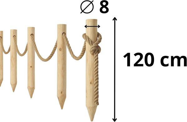 TIMBERMIK Dřevěný Plot 6× Dřevěný Kůl Ø8×120 cm + 12 m Jutového Lana Neimpregnovaný Staketový Plot Zahradní Plot Plotové Prvky Z Masivního Dřeva