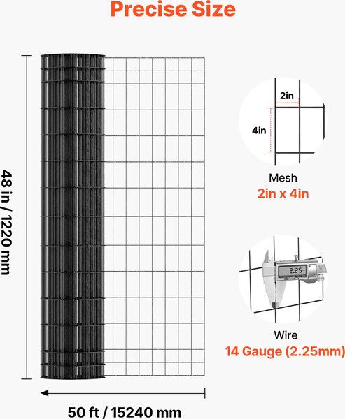VEVOR ohrada pro zahradu, 122 cm x 15,2 m, velikost ok 5,08x10,16 cm, φ2,25 mm, ohrada z pozinkovaného ocelového drátu pro skot, prasata a ovce, ohrada pro skot s vinylovým povrchem pro výběhy pro zvířata, klecový drát