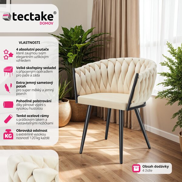 Tectake® Set jídelní židle Astano čalouněná, se sametovým potahem, pletený vzor 60,5 x 55 x 75 cm