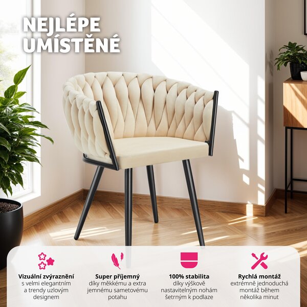 Tectake® Set jídelní židle Astano čalouněná, se sametovým potahem, pletený vzor 60,5 x 55 x 75 cm