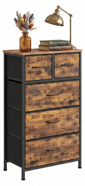 SONGMICS Komoda s 5 zásuvkami z látky, skříň do ložnice, ocelová konstrukce, rozměry 50,6 x 30 x 96,2 cm, rustikální hnědá barva