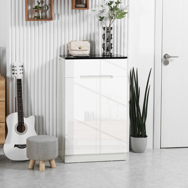 HOMCOM Slim botník pro až 12 párů bot do předsíní a chodeb s 3 nastavitelnými policemi a zásuvkou, lesklý bílý lamino, 60x32x100 cm | Aosom