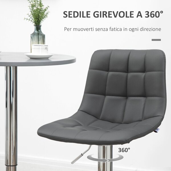 HOMCOM Sada 2 barových židlí z imitace kůže s opěradlem, otočné kuchyňské a obývací židle s opěrkou nohou, 42x45x89-110cm, Šedé | Aosom