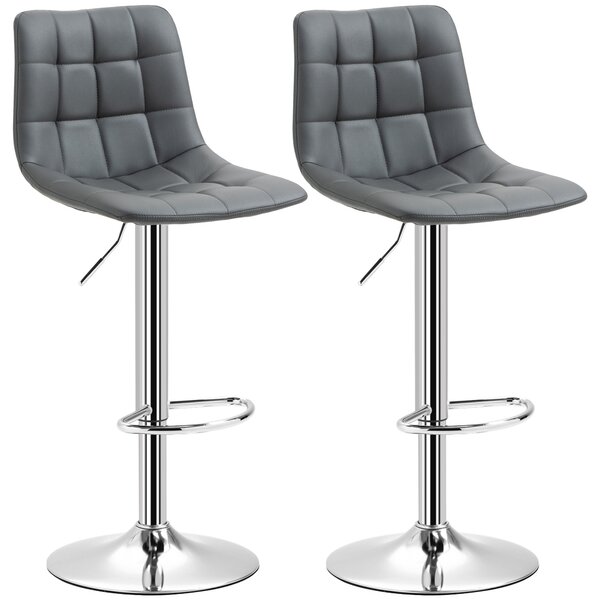 HOMCOM Sada 2 barových židlí z imitace kůže s opěradlem, otočné kuchyňské a obývací židle s opěrkou nohou, 42x45x89-110cm, Šedé | Aosom