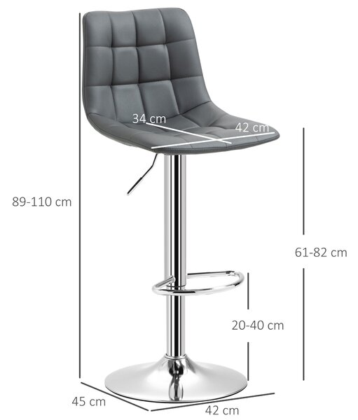 HOMCOM Sada 2 barových židlí z imitace kůže s opěradlem, otočné kuchyňské a obývací židle s opěrkou nohou, 42x45x89-110cm, Šedé | Aosom