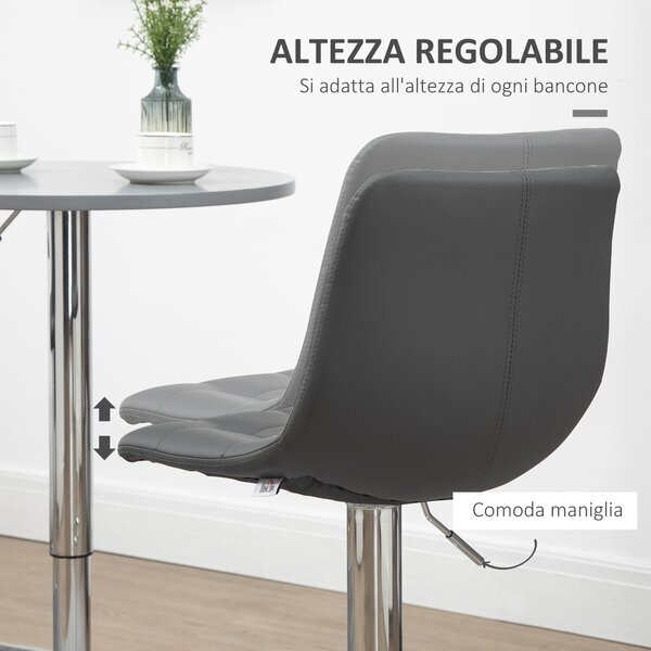 HOMCOM Sada 2 barových židlí z imitace kůže s opěradlem, otočné kuchyňské a obývací židle s opěrkou nohou, 42x45x89-110cm, Šedé | Aosom