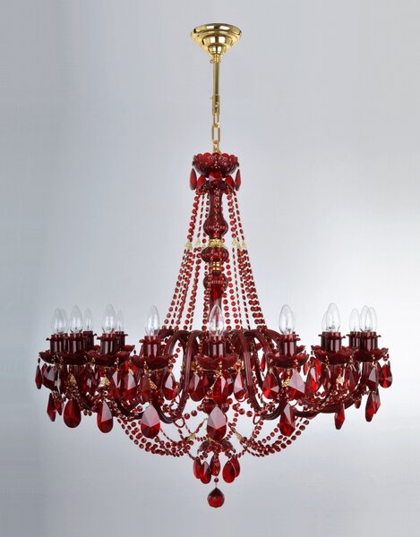 DBK GLASS Větší rubínově červený křišťálový lustr s 18 rameny 1740-18-Srubin