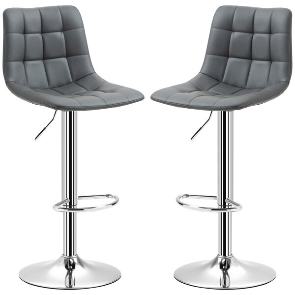 HOMCOM Sada 2 barových židlí z imitace kůže s opěradlem, otočné kuchyňské a obývací židle s opěrkou nohou, 42x45x89-110cm, Šedé | Aosom