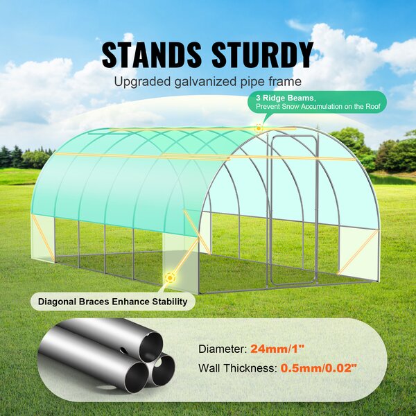 SucceBuy tunelový skleník, 6,8 x 2,3 x 2,3 m, fóliový tunel s pozinkovaným ocelovým rámem, zeleným PE krytem, křídlovými dveřmi a 12 okny, odolný pro venkovní rostliny