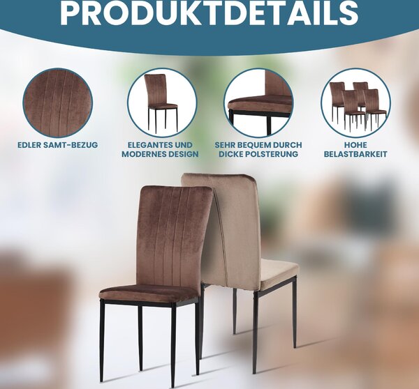 Židle do jídelny Albatros se sametovým potahem sada 6 MODENA, hnědá - stylový vintage design, elegantní čalouněná židle k jídelnímu stolu - židle do kuchyně nebo jídelny s vysokou nosností