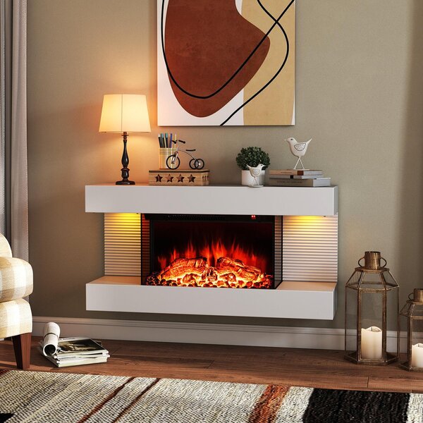 Elektrický krb COSTWAY 1500W/5000BTU, plovoucí nástěnný krb s vytápěním, boční LED světla, dálkové ovládání, 12 barev plamene, stojící krb 17 ℃-28 ℃ bílý