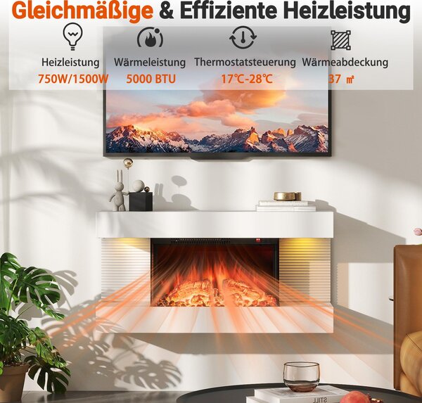 Elektrický krb COSTWAY 1500W/5000BTU, plovoucí nástěnný krb s vytápěním, boční LED světla, dálkové ovládání, 12 barev plamene, stojící krb 17 ℃-28 ℃ bílý