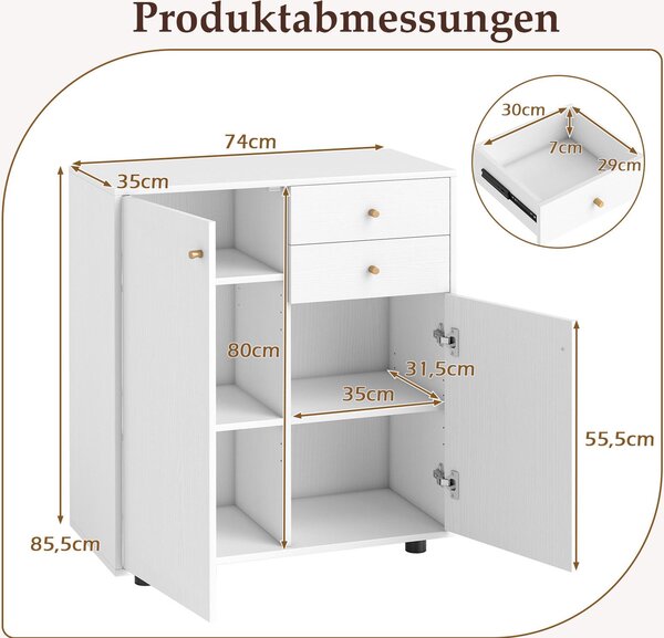 COSTWAY Bufetová skříň, příborník se 2 zásuvkami, 2 dvířky a 3 policemi, spížová skříň, komoda do jídelny, obývacího pokoje a chodby, bílá
