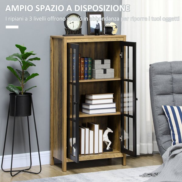 HOMCOM Moderní skleněný sekretář se 2 dveřmi, skříň do obývacího pokoje, 60x35x120cm, hnědá | Aosom