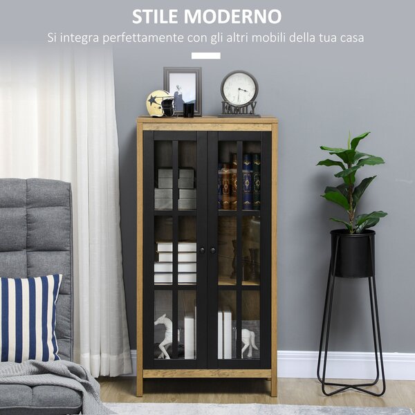 HOMCOM Moderní skleněný sekretář se 2 dveřmi, skříň do obývacího pokoje, 60x35x120cm, hnědá | Aosom