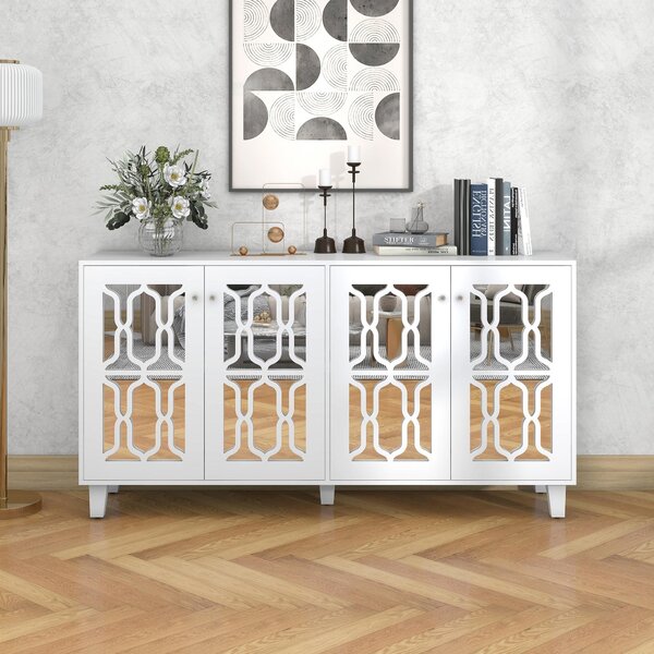 Fortuna Lai Zrcadlový příborník se 4 dvířky, odnímatelné příčky, příborník do kuchyně, jídelny, bílý