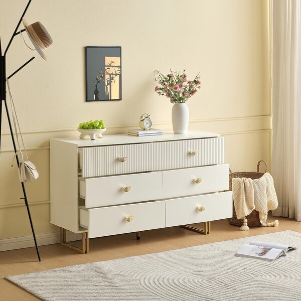 Moderní příborník Sweiko se 6 zásuvkami v bílé barvě se zlatými akcenty - elegantní design z MDF a oceli, ideální do ložnic, obývacích pokojů a vstupních prostor, 120x40x75 cm