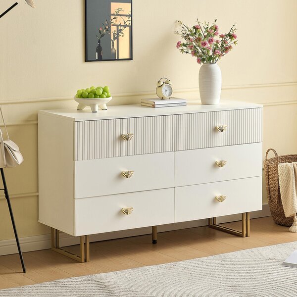 Moderní příborník Sweiko se 6 zásuvkami v bílé barvě se zlatými akcenty - elegantní design z MDF a oceli, ideální do ložnic, obývacích pokojů a vstupních prostor, 120x40x75 cm