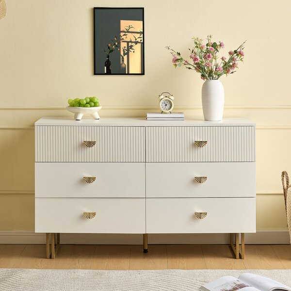 Moderní příborník Sweiko se 6 zásuvkami v bílé barvě se zlatými akcenty - elegantní design z MDF a oceli, ideální do ložnic, obývacích pokojů a vstupních prostor, 120x40x75 cm