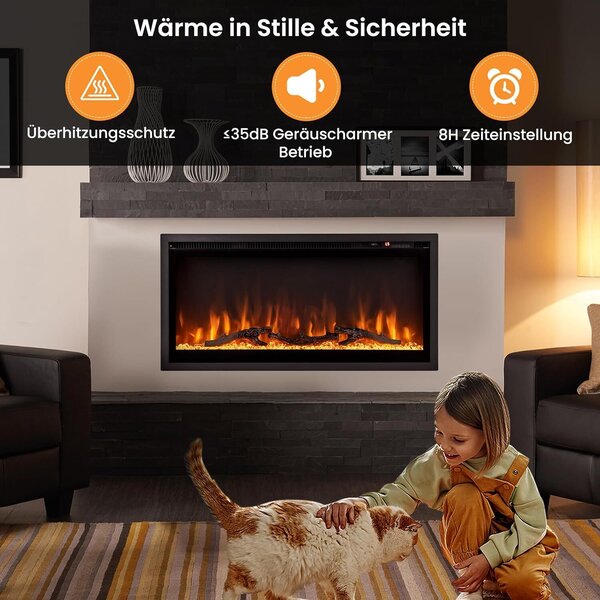 COSTWAY 36" elektrický krb 750W/1500W, ohřívač krbu s dotykovým displejem a dálkovým ovládáním a 8H časovačem, nástěnný elektrický krb s 9 barvami a 5 úrovněmi jasu, 91,5x45x14cm