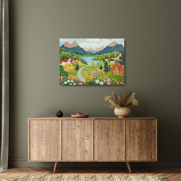 Skleněný obraz - Vesnice v horách (70x50 cm)