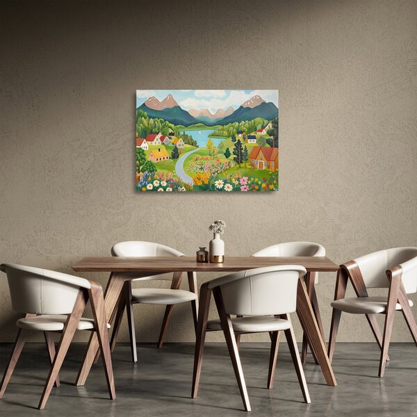 Skleněný obraz - Vesnice v horách (70x50 cm)