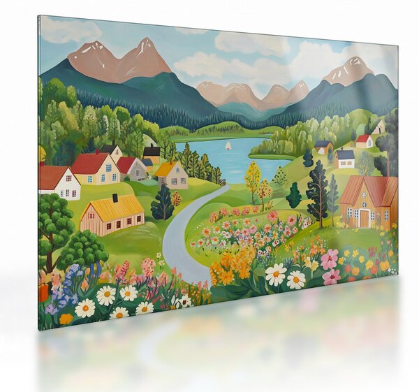 Skleněný obraz - Vesnice v horách (70x50 cm)