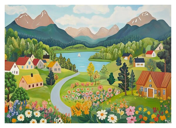 Skleněný obraz - Vesnice v horách (70x50 cm)