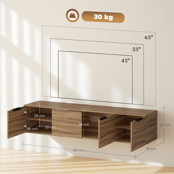HOMCOM Nástěnný Stojan na TV pro 65" Televize, TV Skříňka se 3 Skříňkami a Odnímatelnými Poličkami, do Obývacího Pokoj, Ložnice a Lounge, 150x35x32 cm
