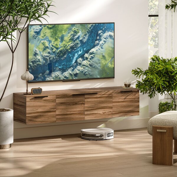 HOMCOM Nástěnný Stojan na TV pro 65" Televize, TV Skříňka se 3 Skříňkami a Odnímatelnými Poličkami, do Obývacího Pokoj, Ložnice a Lounge, 150x35x32 cm