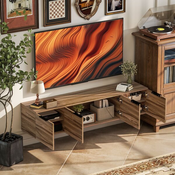 HOMCOM Nástěnný Stojan na TV pro 65" Televize, TV Skříňka se 3 Skříňkami a Odnímatelnými Poličkami, do Obývacího Pokoj, Ložnice a Lounge, 150x35x32 cm