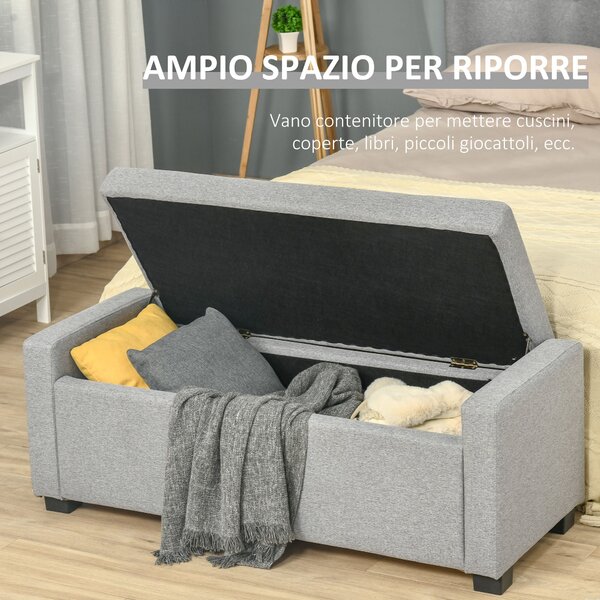 HOMCOM Úložná lavička, čalouněná lavička se skladovacím prostorem, lavička na konec postele, moderní design, plast, šedá tkanina, vícúčelová, 120x50x4