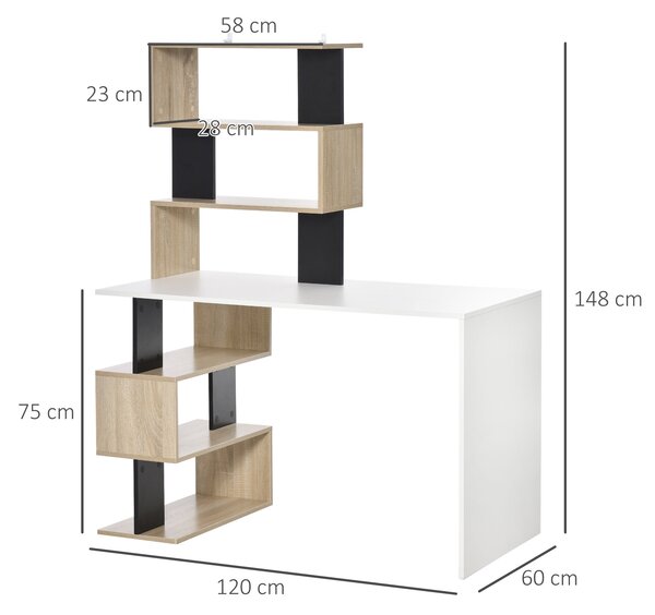 HOMCOM Stůl s knihovnou do ložnice, kancelářský stůl, PC stůl v barevném dřevě, 120x60x148cm | Aosom
