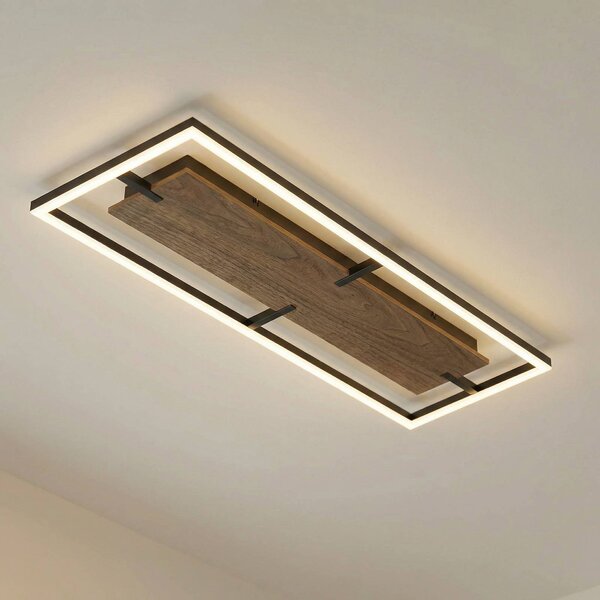 Lucande LED stropní svítidlo Vectra, 100 x 30 cm, dřevo, stmívatelné, stmívatelný, Tmavé dřevo, Obývací pokoj / jídelna, Plast, Moderní