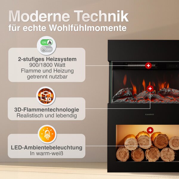 KAMINIO Elektrický krb HENRI – Elektrický krb s topením, 3D efektem plamenů, LED ambientním osvětlením, přihrádkou na dřevo, dálkovým ovládáním – černý