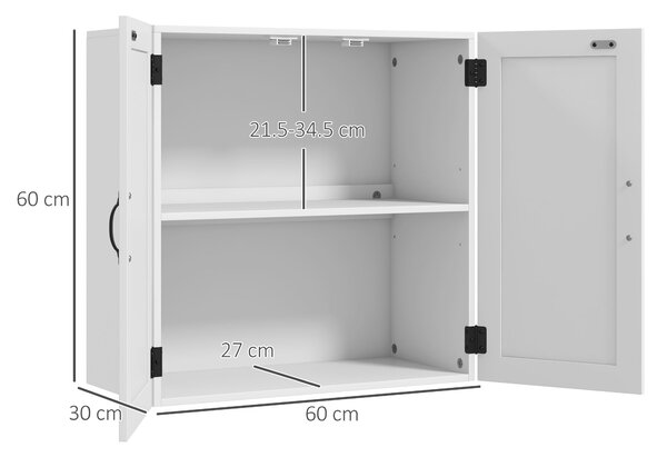 Dřevěná nástěnná koupelnová skříň kleankin, úsporný venkovský styl s výškově nastavitelnou policí, 60x30x60cm, bílá | Aosom