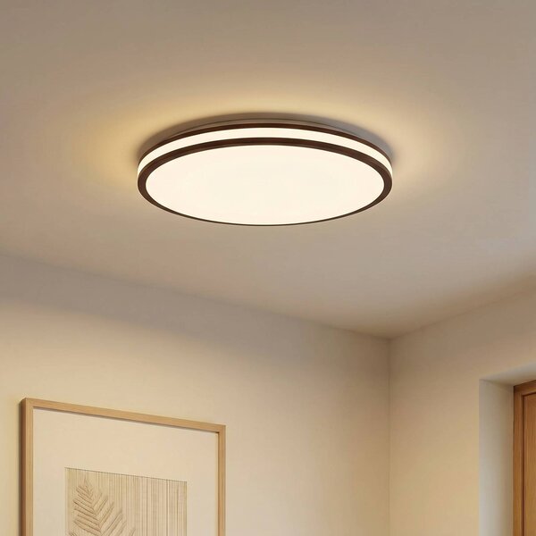 Lindby LED stropní svítidlo Emiva, Ø 50 cm, tmavé dřevo,, stmívatelný, Tmavé dřevo, Obývací pokoj / jídelna, Dřevo, Moderní