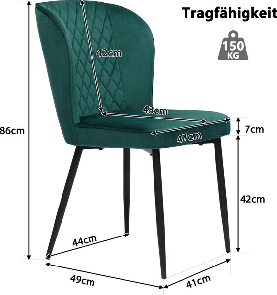 Fortuna Lai jídelní židle (4 ks), tmavě zelená, čalouněná židle Designová židle s opěrkou, sedák z veluru, kovový rám