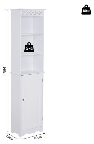 HOMCOM Koupelnová skříňka s věží 3 nastavitelné police na 3 úrovních a 1 velká dolní skříňka MDF Bílá 40x23x160cm | Aosom