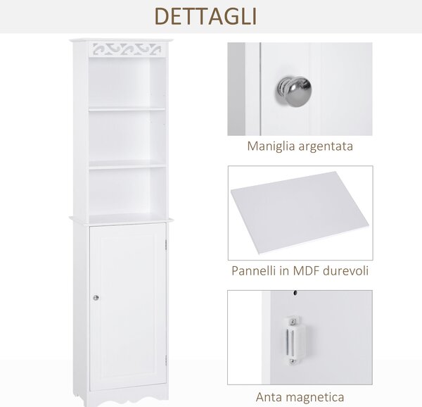 HOMCOM Koupelnová skříňka s věží 3 nastavitelné police na 3 úrovních a 1 velká dolní skříňka MDF Bílá 40x23x160cm | Aosom