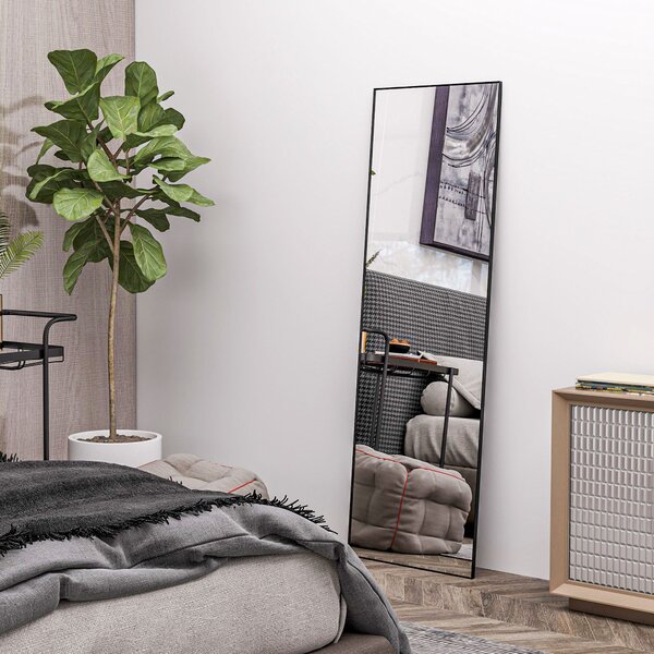 HOMCOM Moderní zrcadlo na celou postavu, 40x150 cm, obdélníkové zrcadlo se stojanem, rámečkem a háčky do ložnice, obývacího pokoje, předsíně, černé |