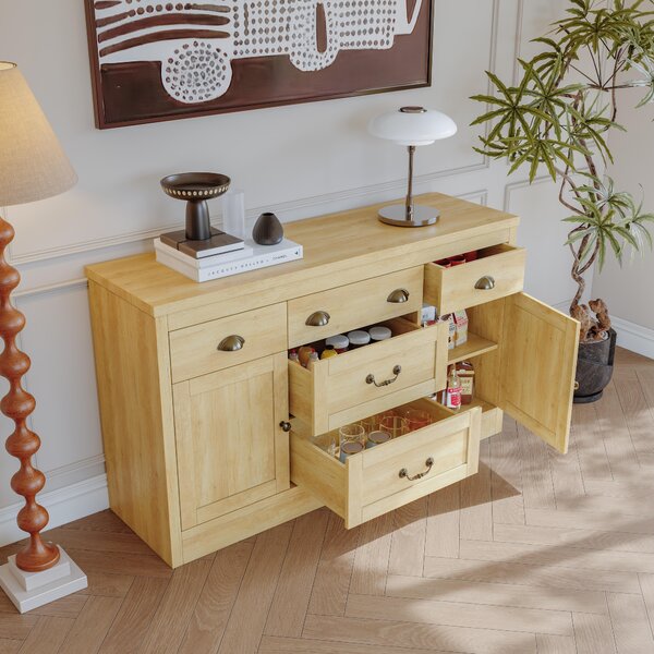 UnboxG Sideboard Jídelna Dřevěný vzhled s 5 zásuvkami a 2 dvířky, moderní příborník / bufetová skříň jako úložný prostor pro kuchyň, jídelnu a obývací pokoj, přírodní barvy, 135 × 39,8 × 80 cm