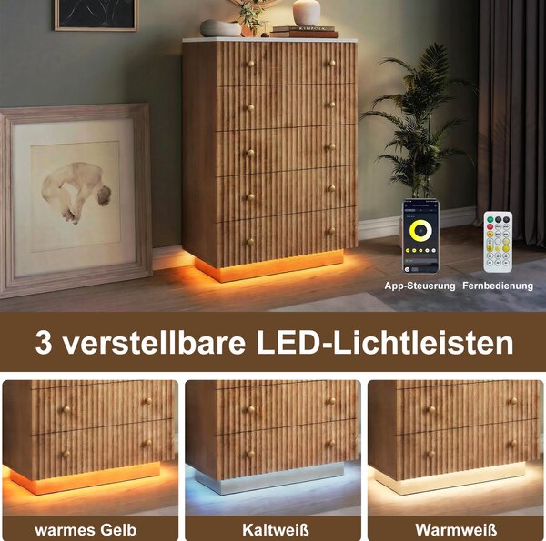 Komoda ProximaX s 5 zásuvkami, RGB LED osvětlením, vzhledem dřeva, ochranou proti převrácení, 73 x 40 x 111 cm, do ložnice a obývacího pokoje