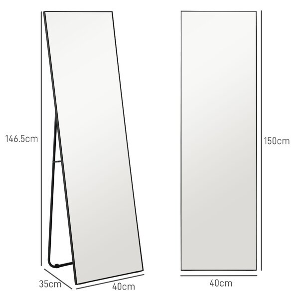 HOMCOM Moderní zrcadlo na celou postavu, 40x150 cm, obdélníkové zrcadlo se stojanem, rámečkem a háčky do ložnice, obývacího pokoje, předsíně, černé |