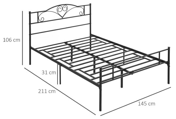 Kovový dvoulůžkový rám postele HOMCOM 145x211x106cm, s integrovanými latěmi a čelem, úložný prostor pod postelí, černý | Aosom