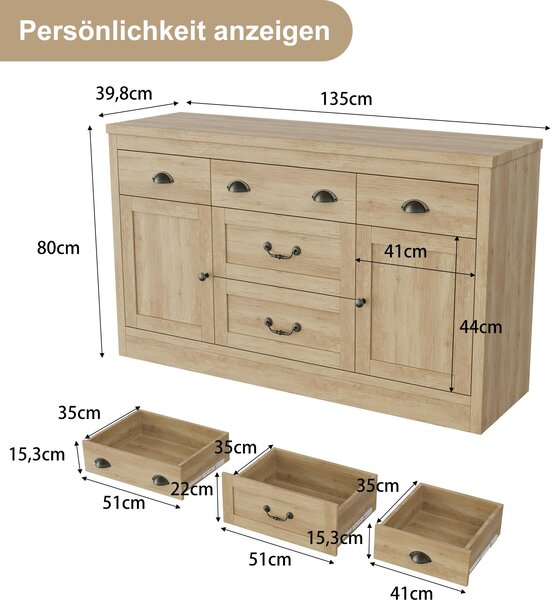 UnboxG Sideboard Jídelna Dřevěný vzhled s 5 zásuvkami a 2 dvířky, moderní příborník / bufetová skříň jako úložný prostor pro kuchyň, jídelnu a obývací pokoj, přírodní barvy, 135 × 39,8 × 80 cm