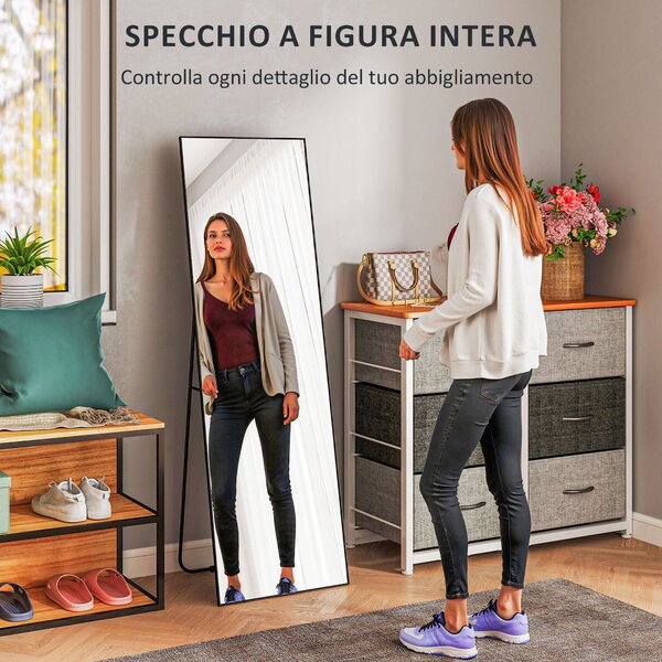 HOMCOM Moderní zrcadlo na celou postavu, 40x150 cm, obdélníkové zrcadlo se stojanem, rámečkem a háčky do ložnice, obývacího pokoje, předsíně, černé |