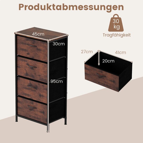 Komoda COSTWAY se 4 látkovými zásuvkami, zásuvková skříňka s dřevěnou deskou a kovovým rámem, příborník, úložná skříňka, 45 x 30 x 95 cm, hnědá barva