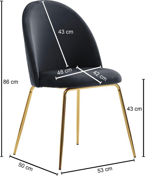 FineBuy Design – jídelní židle, černý samet, sada 2 ks s prošíváním, moderní kuchyňská židle, jídelní židle se zlatými nohami, pohodlné čalouněné kuchyňské židle